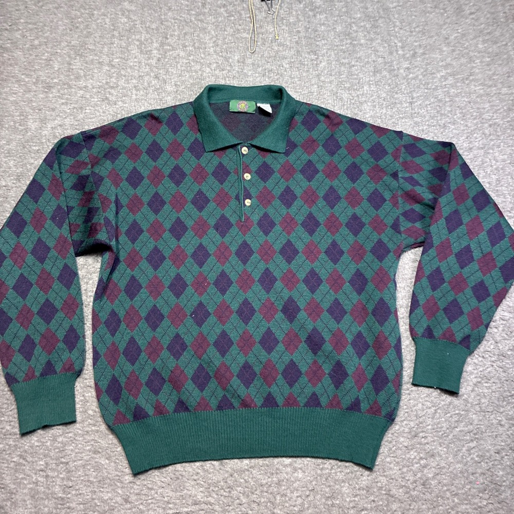 Vintage Crown Club Polo Sweater Men Large Green Argyle Virgin Wool Made In Italy - Picture 2 of 8